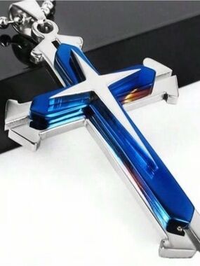 Men's Blue Cross Pendant Necklace - Stainless Steel Accent